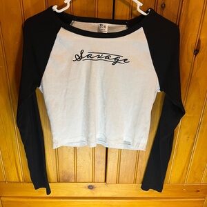 Black and White “Savage” Large Long Sleeve Cropped Shirt